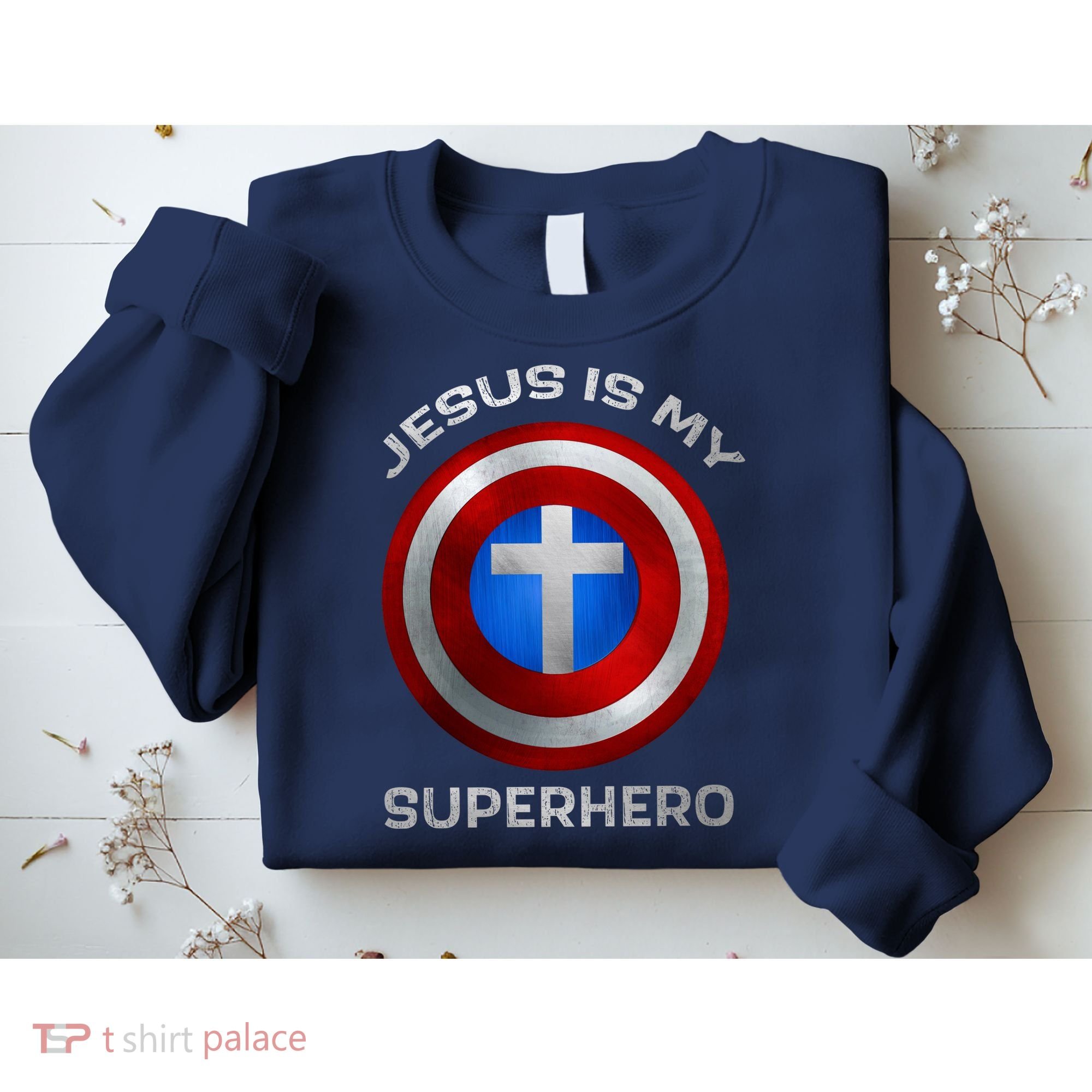 Jesus Is My Superhero Faith Shield Sweatshirt