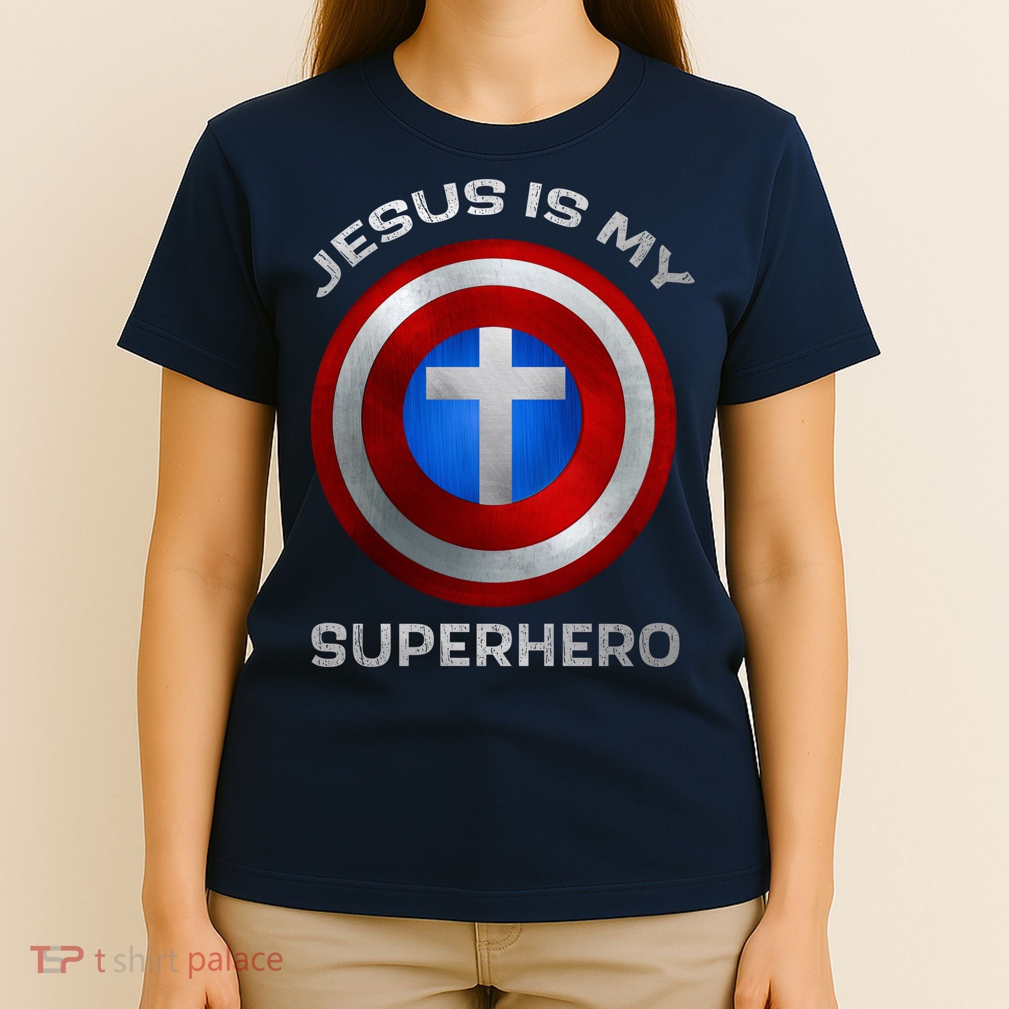 Jesus Is My Superhero Faith Shield T-Shirt