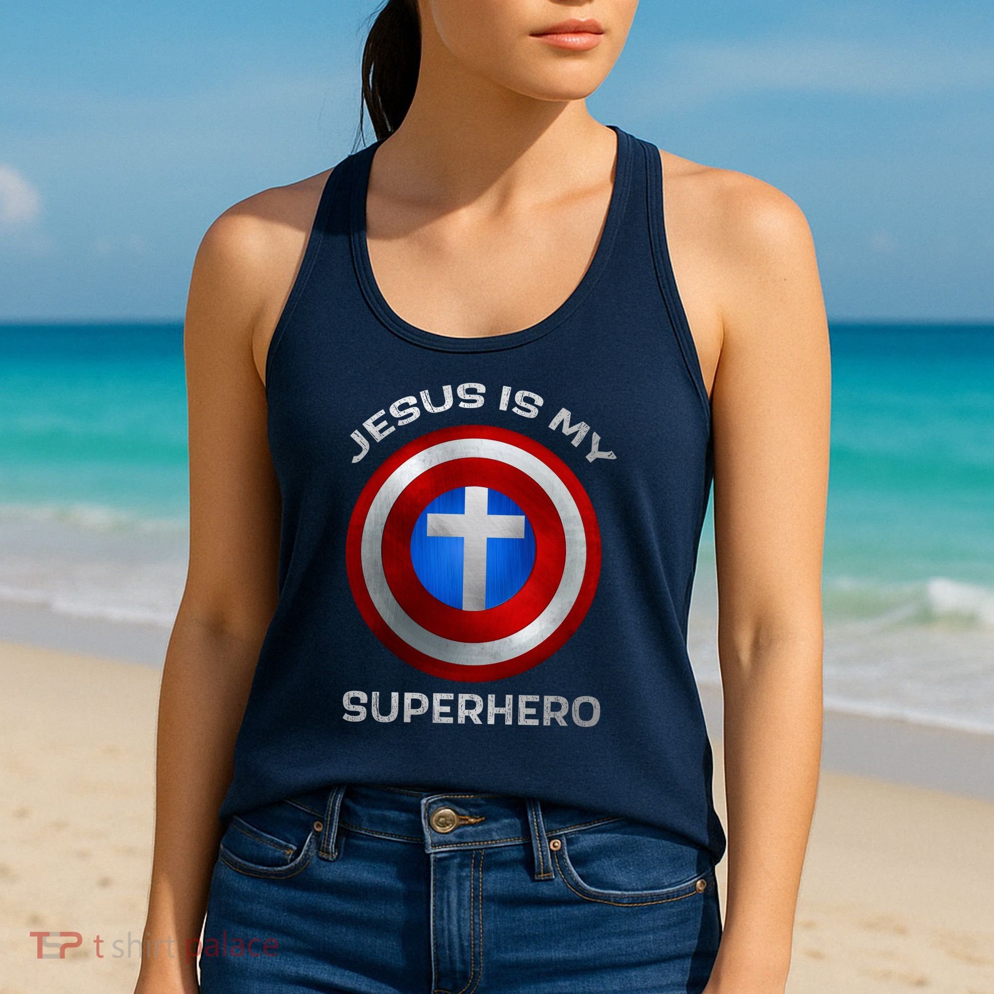 Jesus Is My Superhero Faith Shield Women's Tank Top