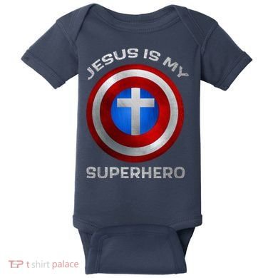 Jesus Is My Superhero Faith Shield Baby Bodysuit