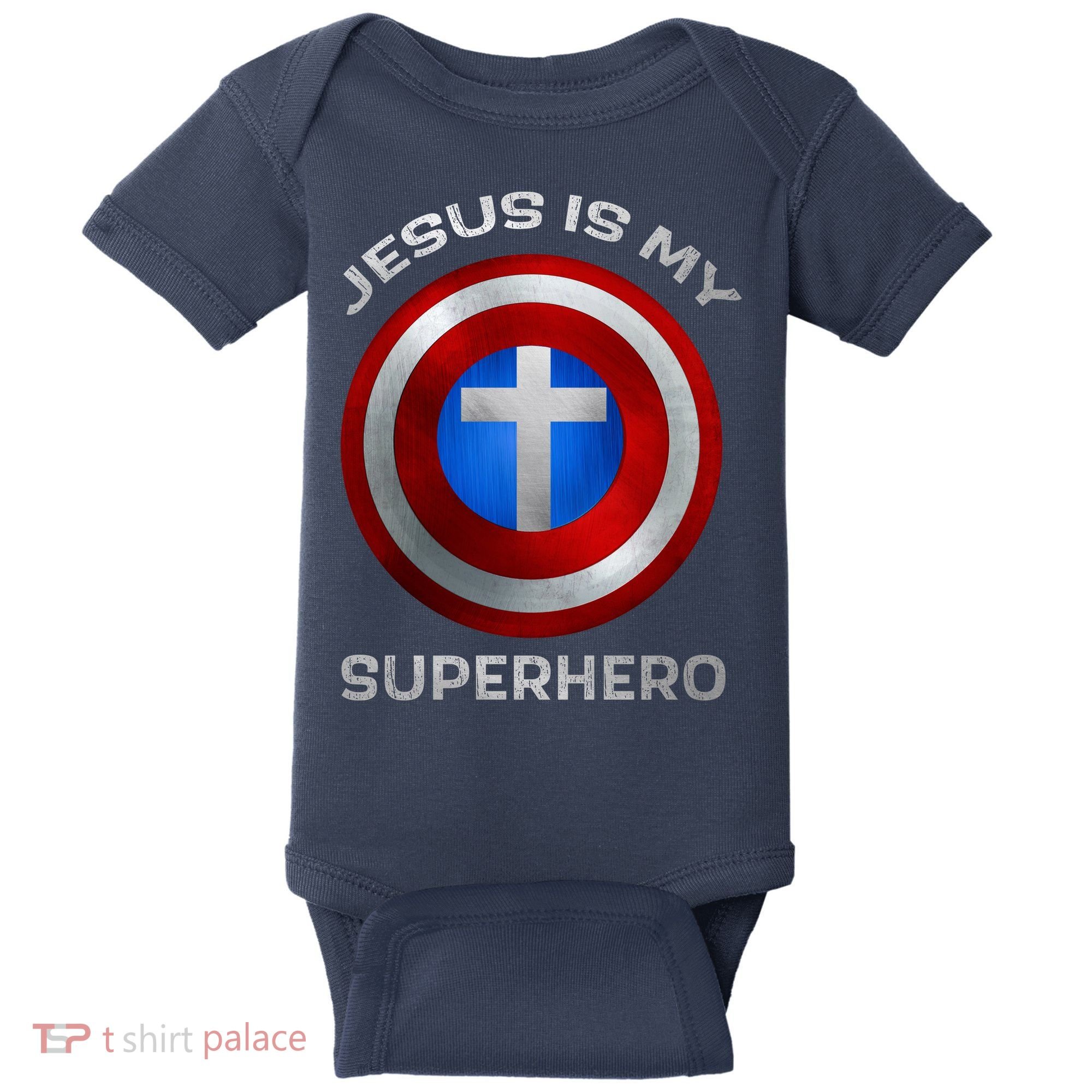 Jesus Is My Superhero Faith Shield Baby Bodysuit