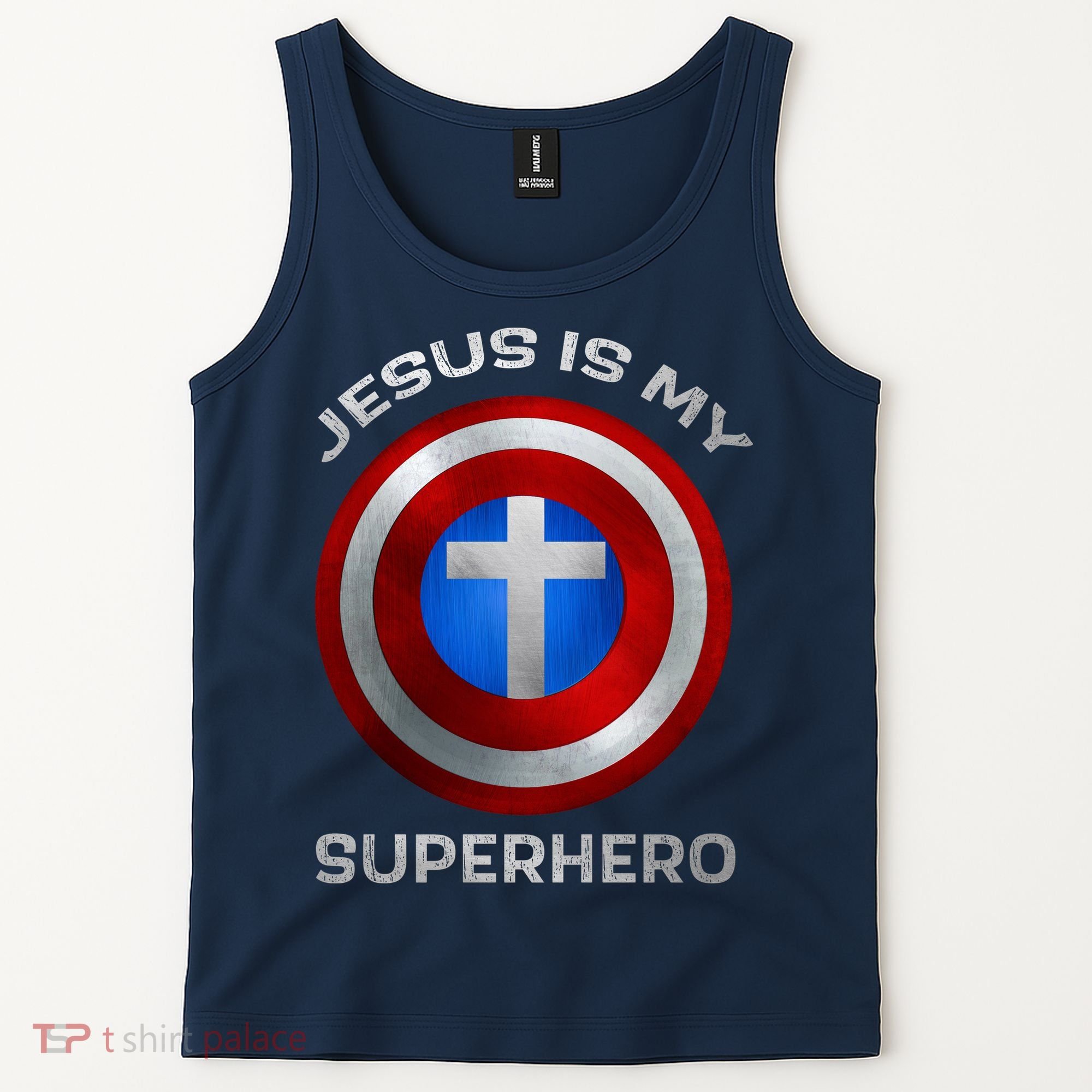 Jesus Is My Superhero Faith Shield Tank Top