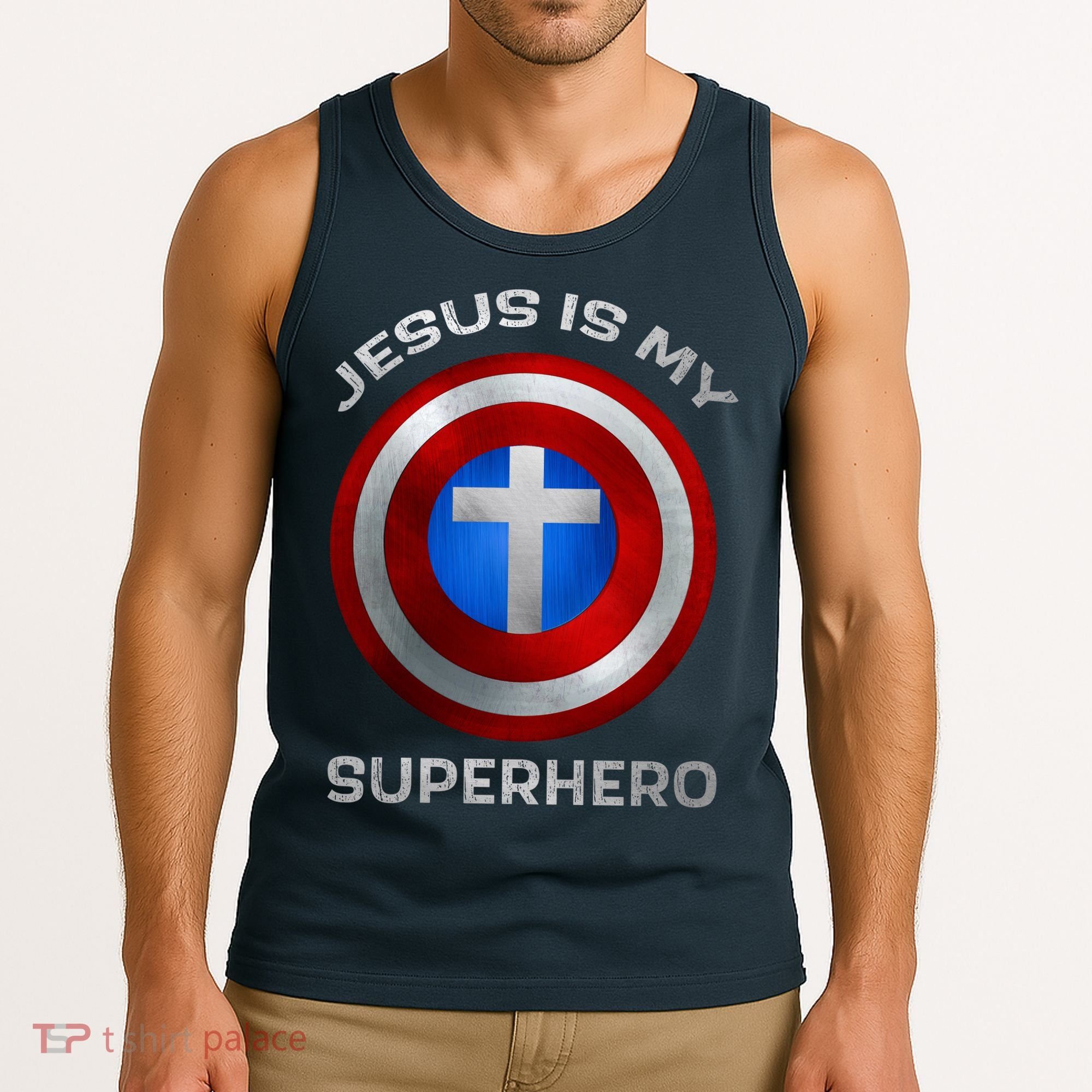 Jesus Is My Superhero Faith Shield Tank Top