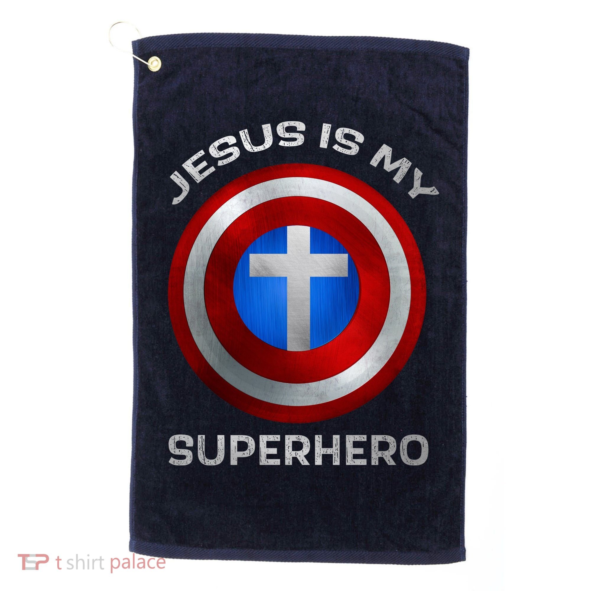 Jesus Is My Superhero Faith Shield Golf Towel