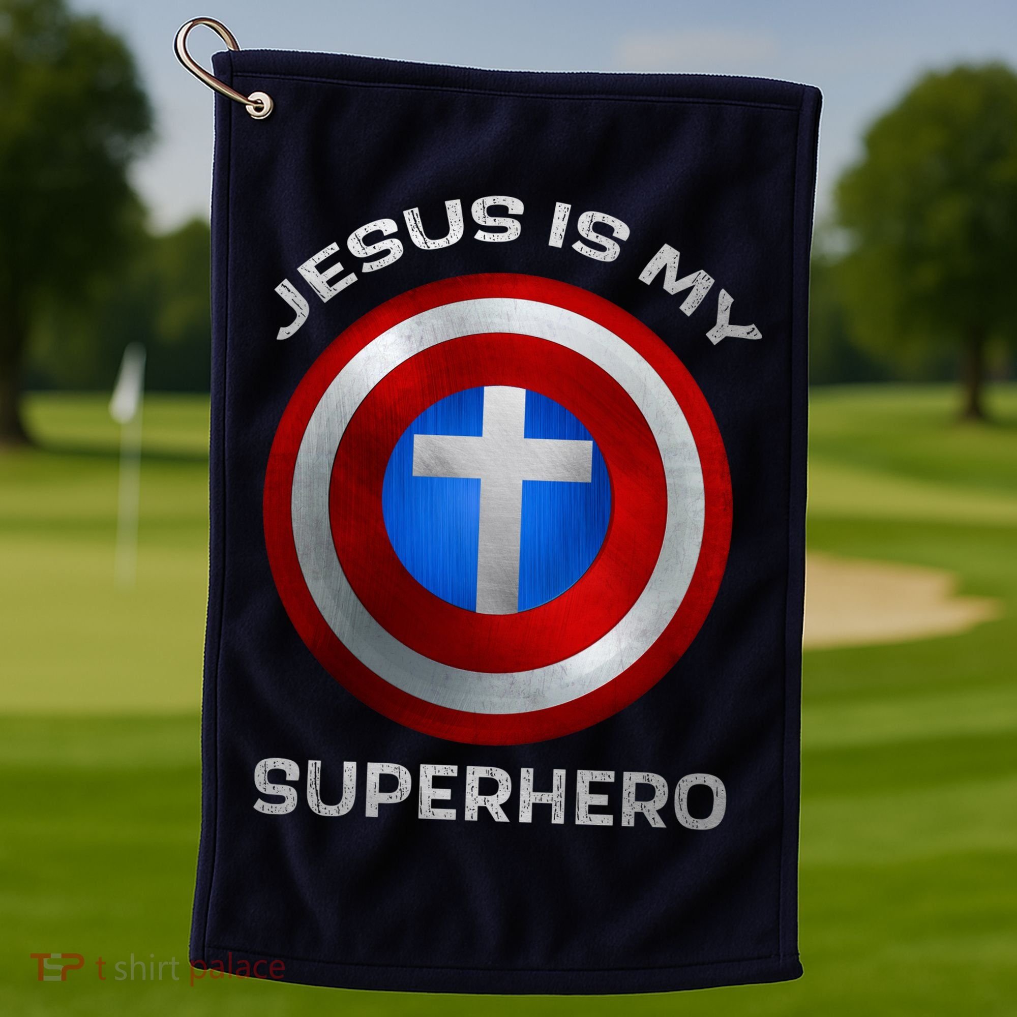 Jesus Is My Superhero Faith Shield Golf Towel
