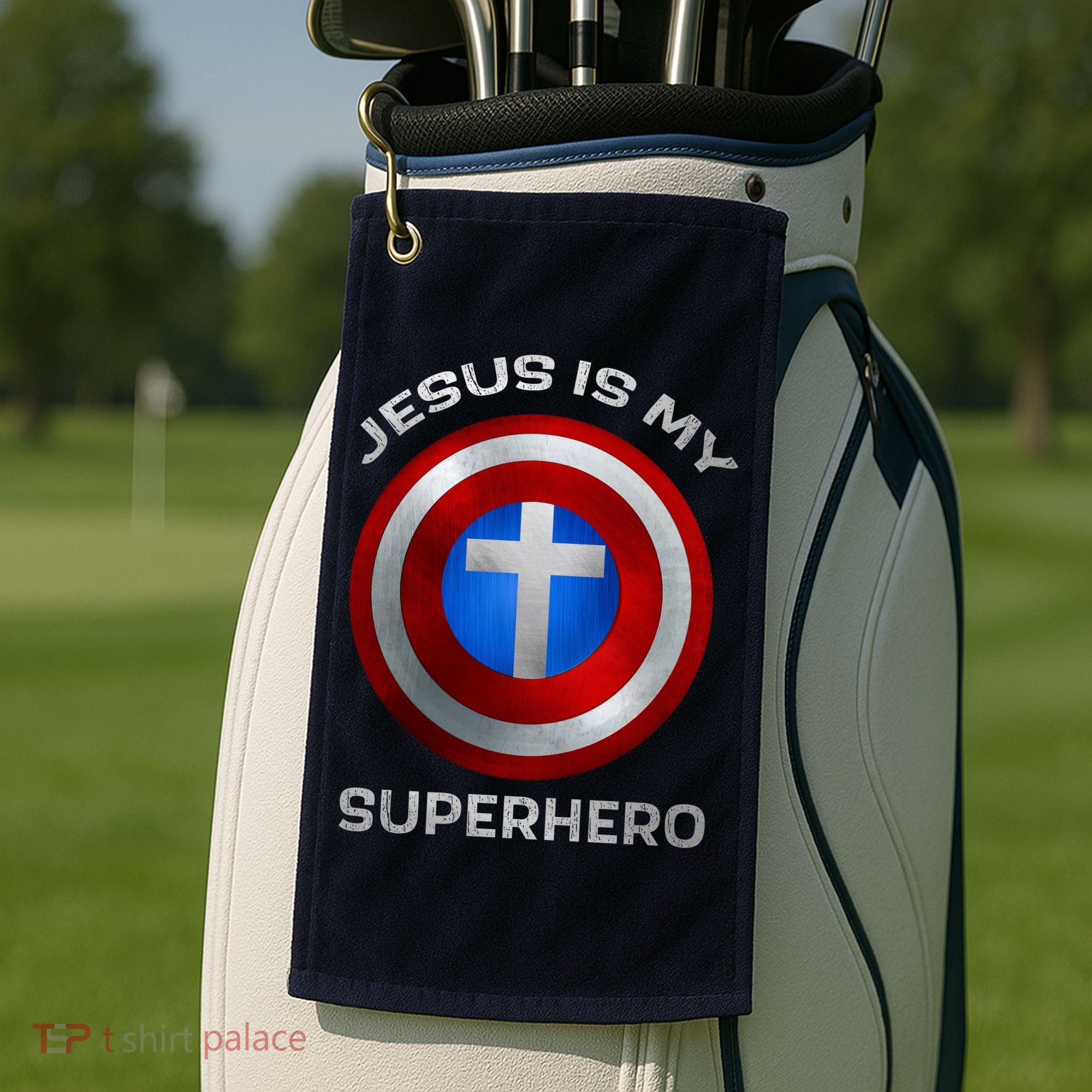 Jesus Is My Superhero Faith Shield Golf Towel
