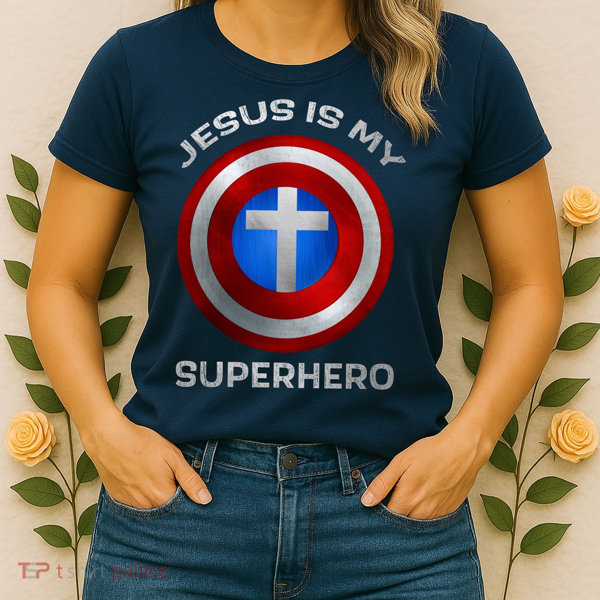 Jesus Is My Superhero Faith Shield Women's T-Shirt