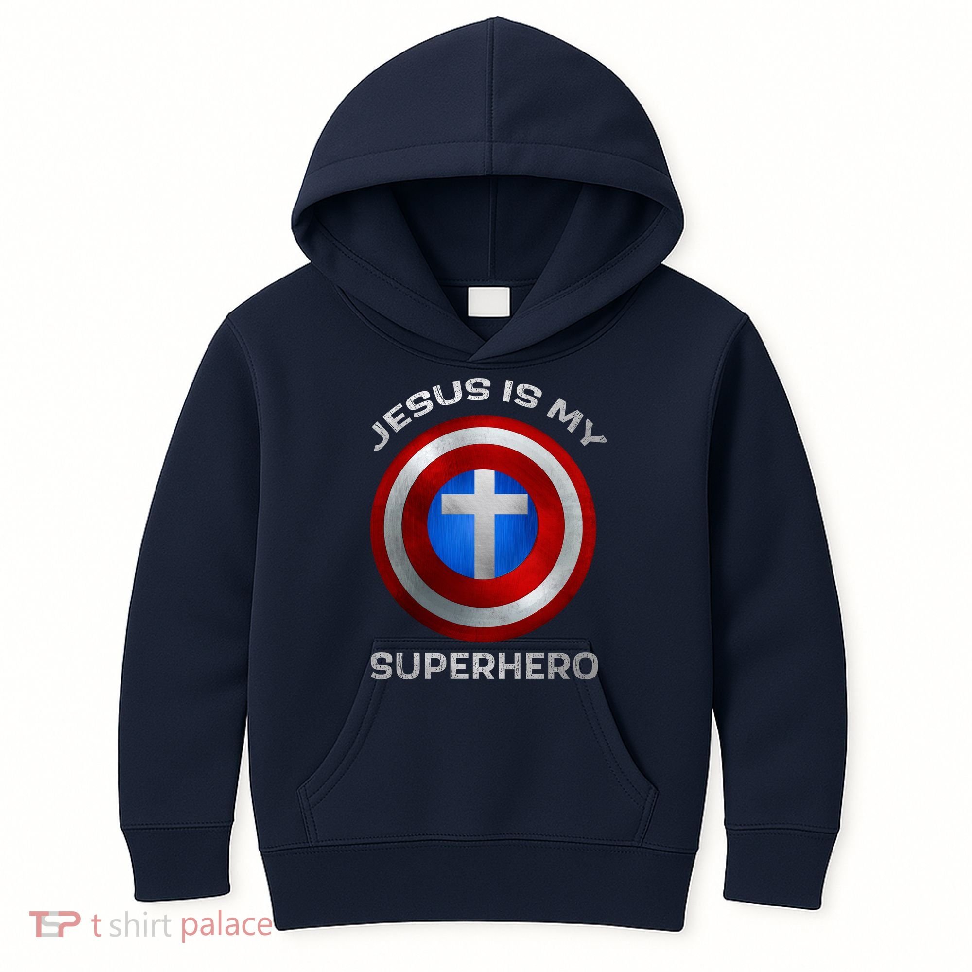 Jesus Is My Superhero Faith Shield Kids Hoodie