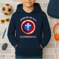 Jesus Is My Superhero Faith Shield Kids Hoodie thumb 2