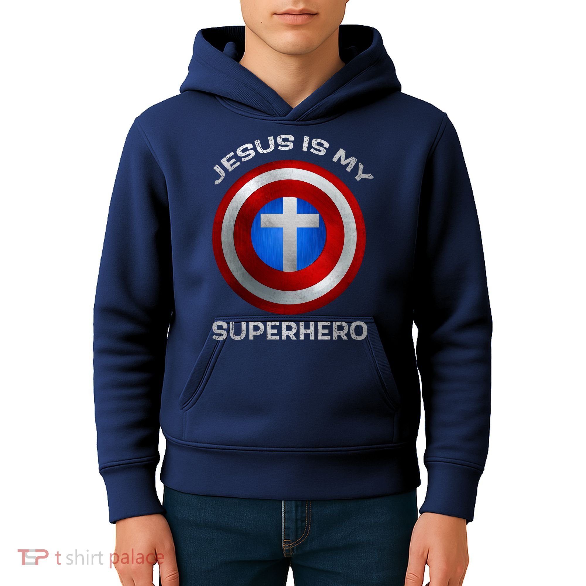 Jesus Is My Superhero Faith Shield Kids Hoodie