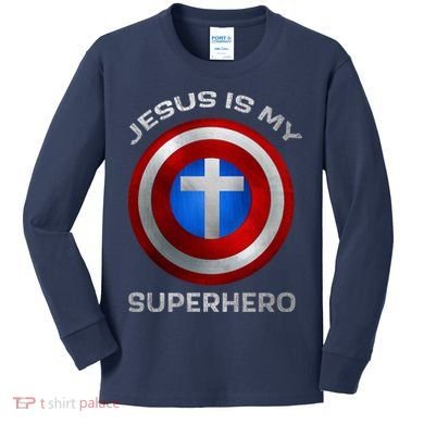 Jesus Is My Superhero Faith Shield Kids Long Sleeve Shirt