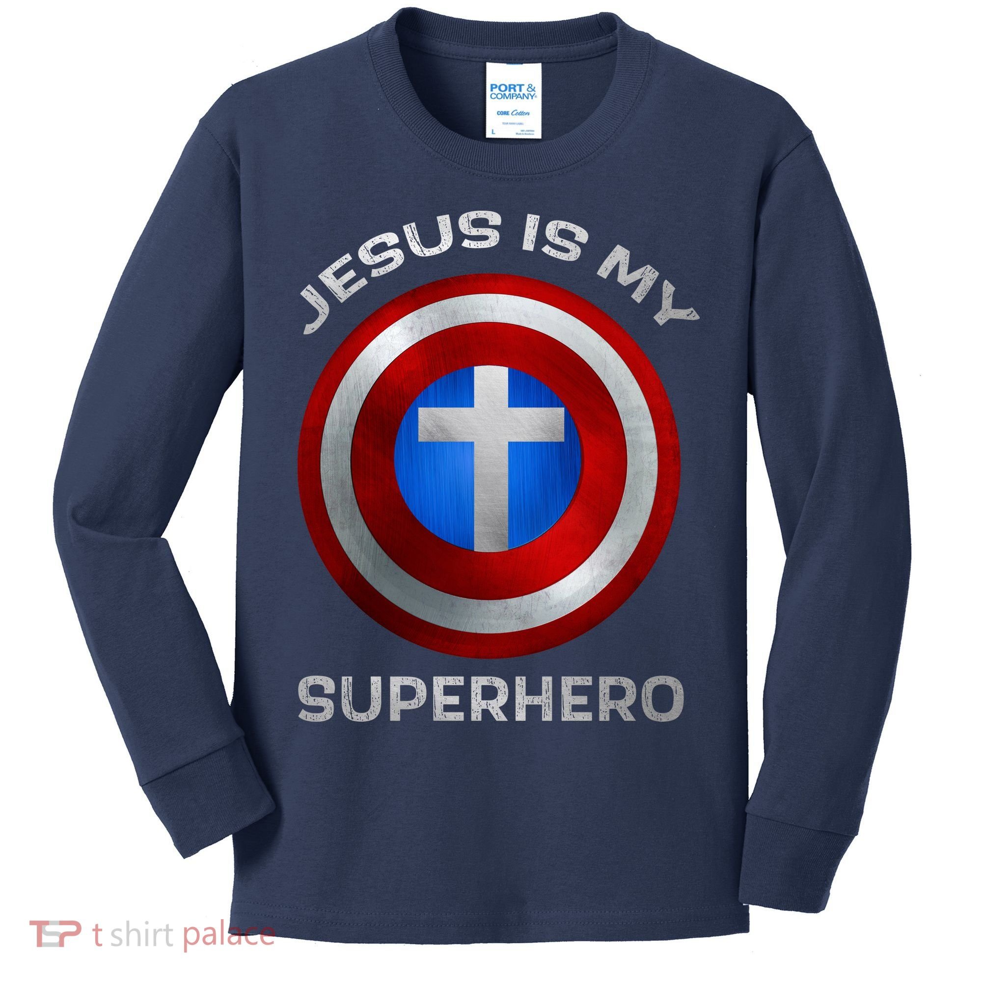 Jesus Is My Superhero Faith Shield Kids Long Sleeve Shirt