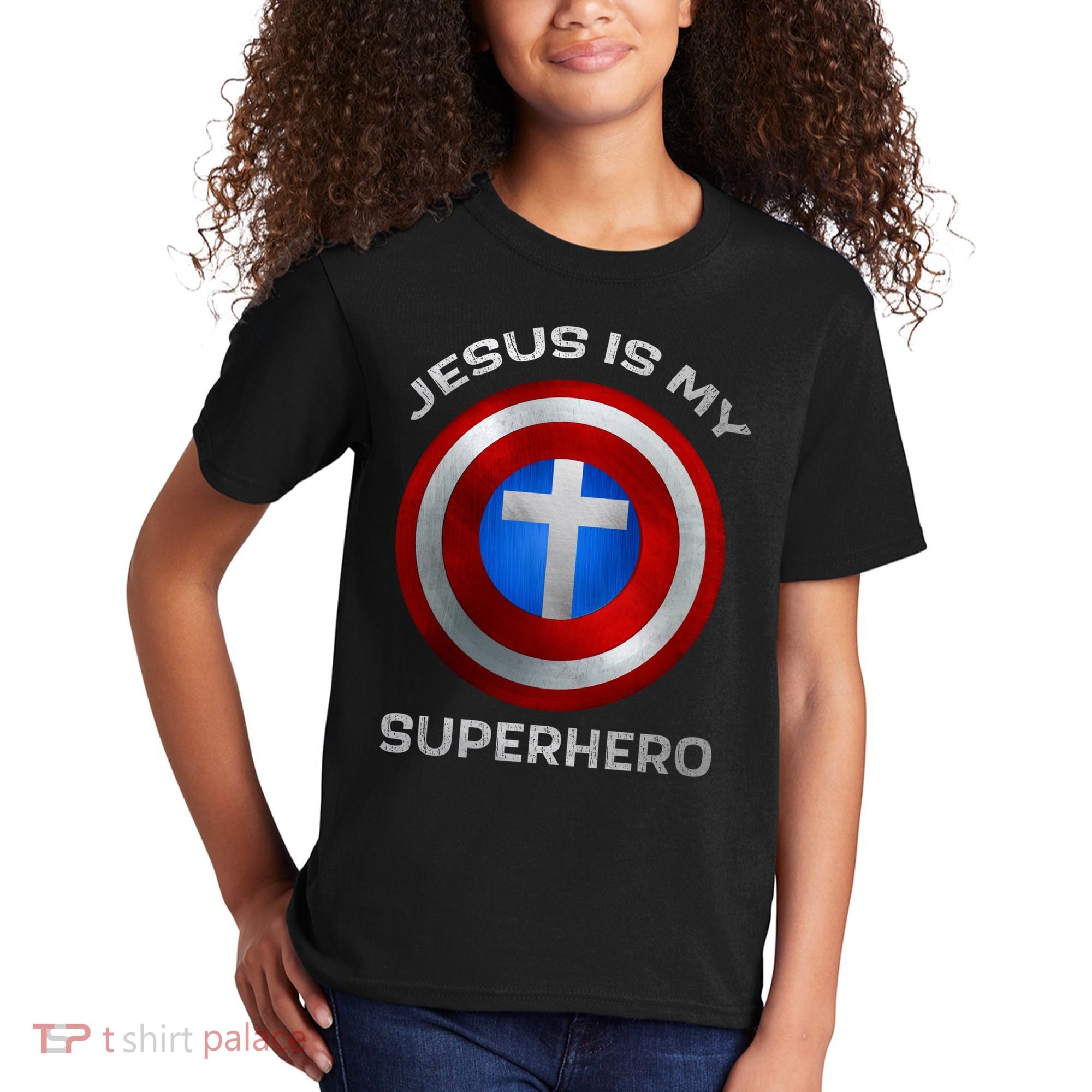 Jesus Is My Superhero Faith Shield Kids T-Shirt