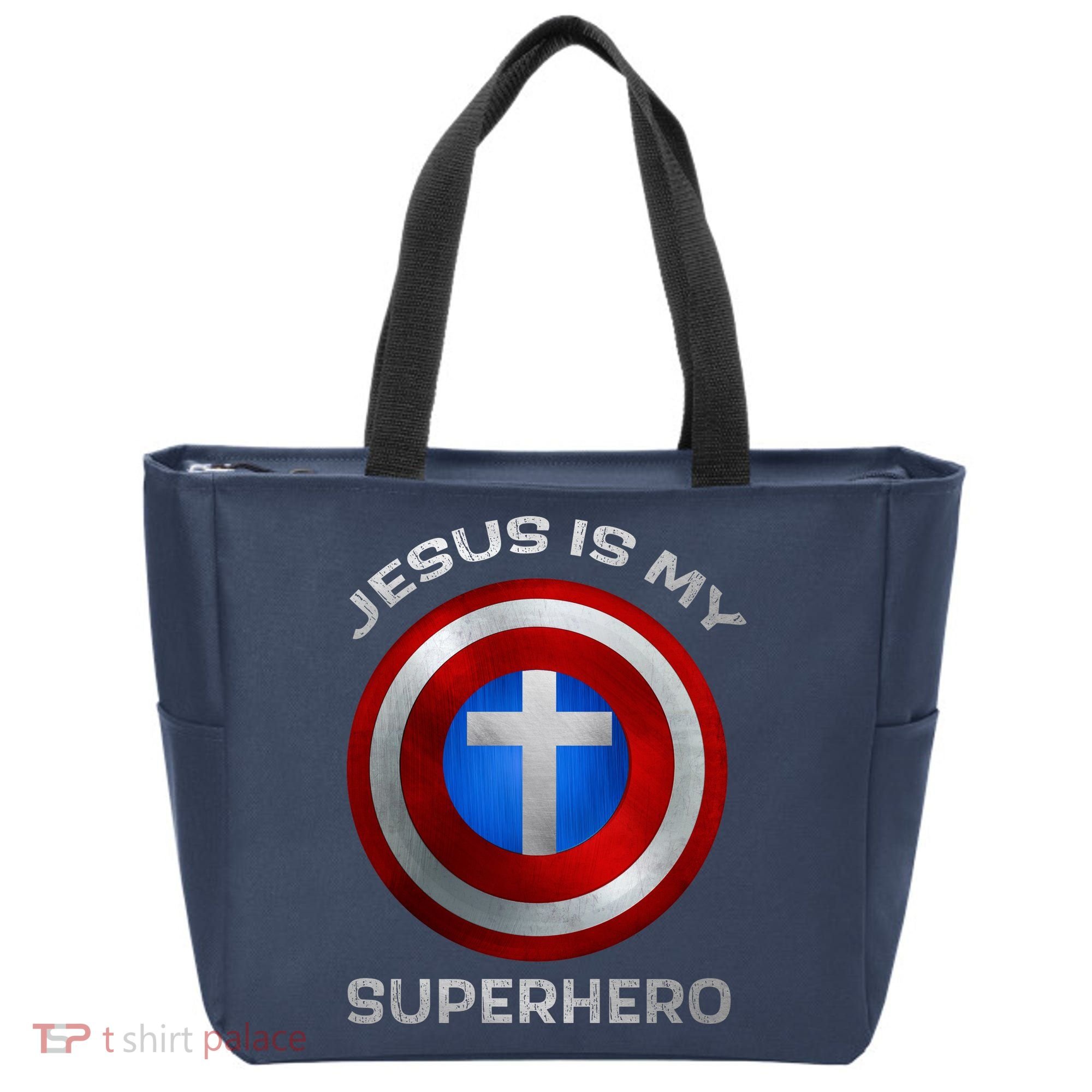 Jesus Is My Superhero Faith Shield Tote Bag