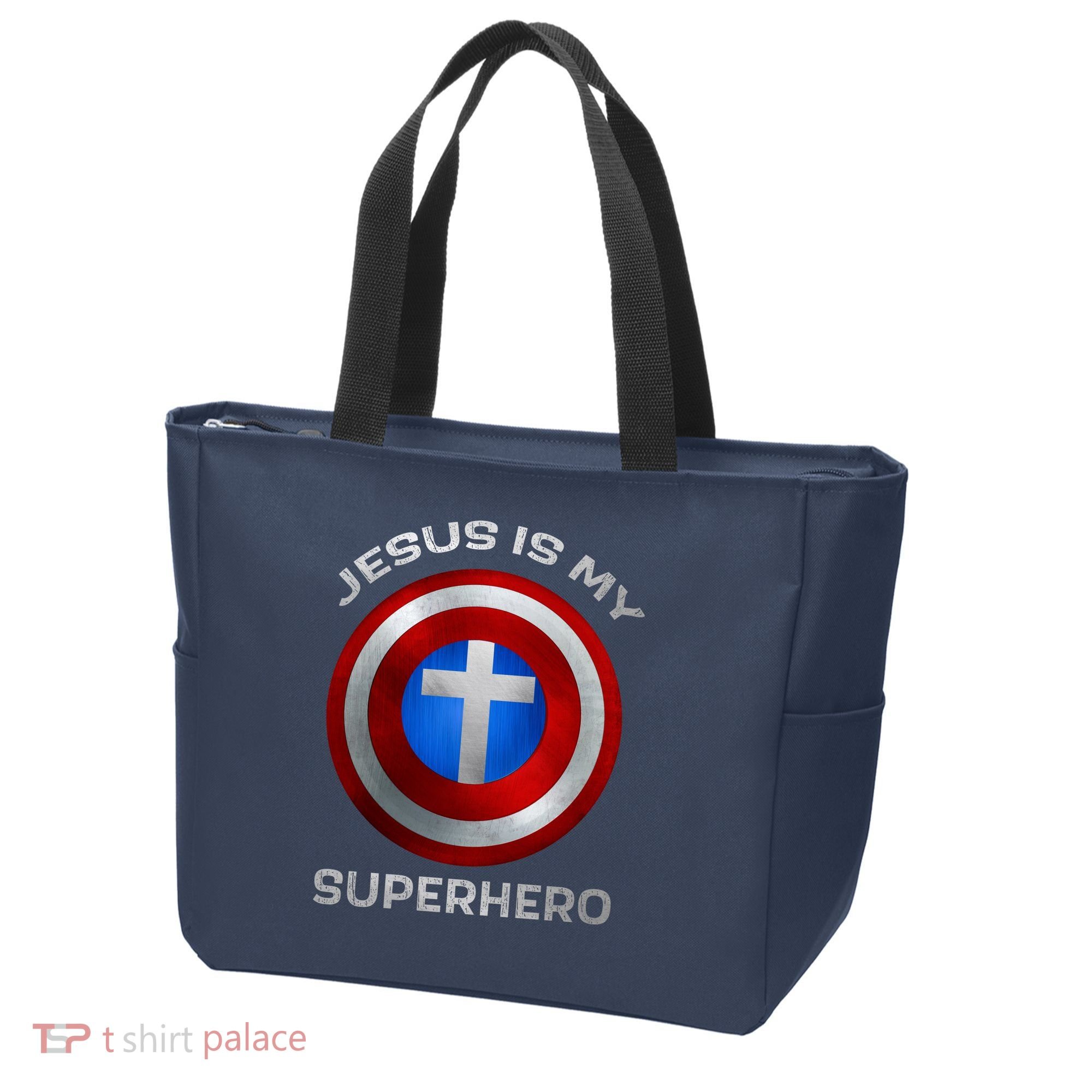 Jesus Is My Superhero Faith Shield Tote Bag