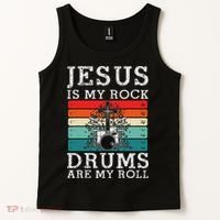 Jesus Is My Rock Drums Are My Roll Christian Drummer Tank Top thumb 2