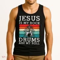 Jesus Is My Rock Drums Are My Roll Christian Drummer Tank Top thumb 3