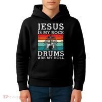 Jesus Is My Rock Drums Are My Roll Christian Drummer Kids Hoodie thumb 4