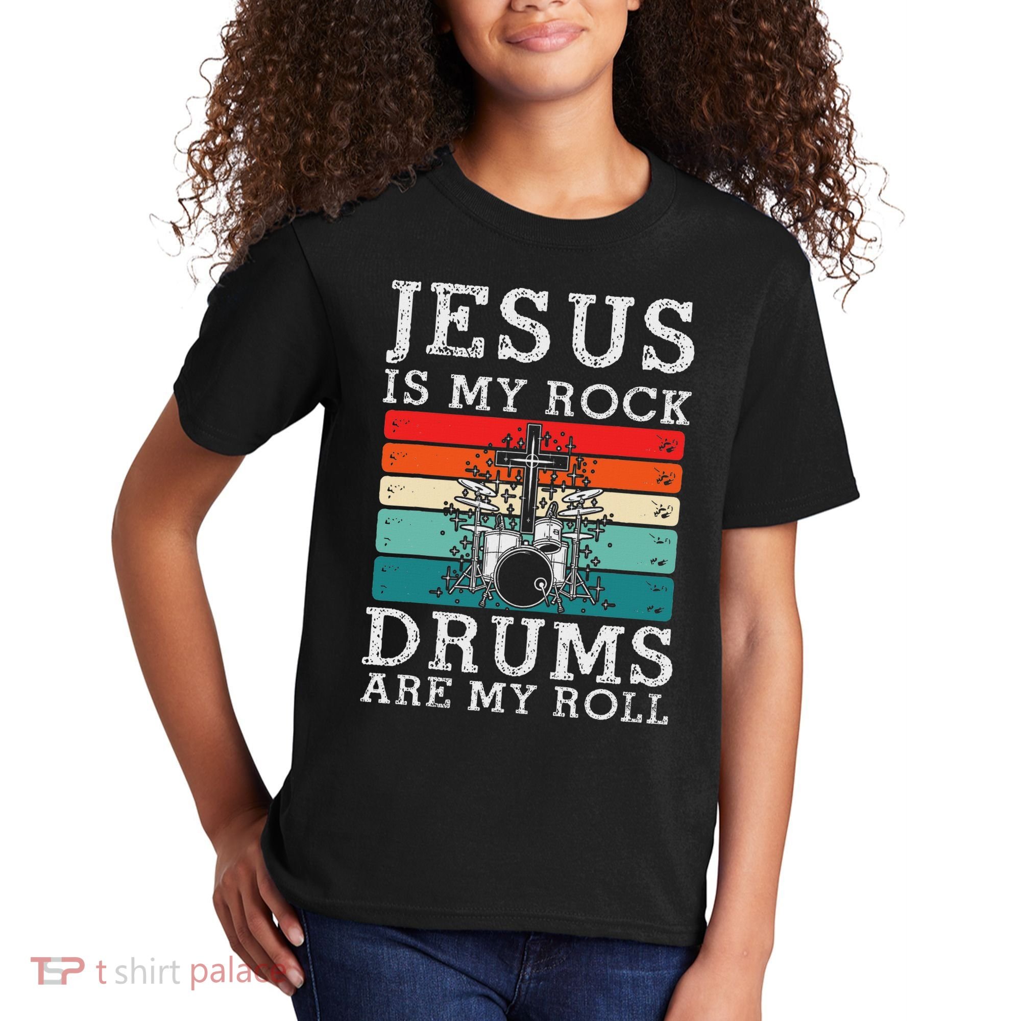 Jesus Is My Rock Drums Are My Roll Christian Drummer Kids T-Shirt