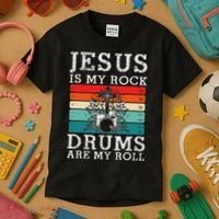 Jesus Is My Rock Drums Are My Roll Christian Drummer Kids T-Shirt thumb 3