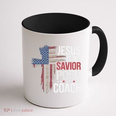 Jesus Is My Savior Pope Is My Coach Religious Quote Coffee Mug back