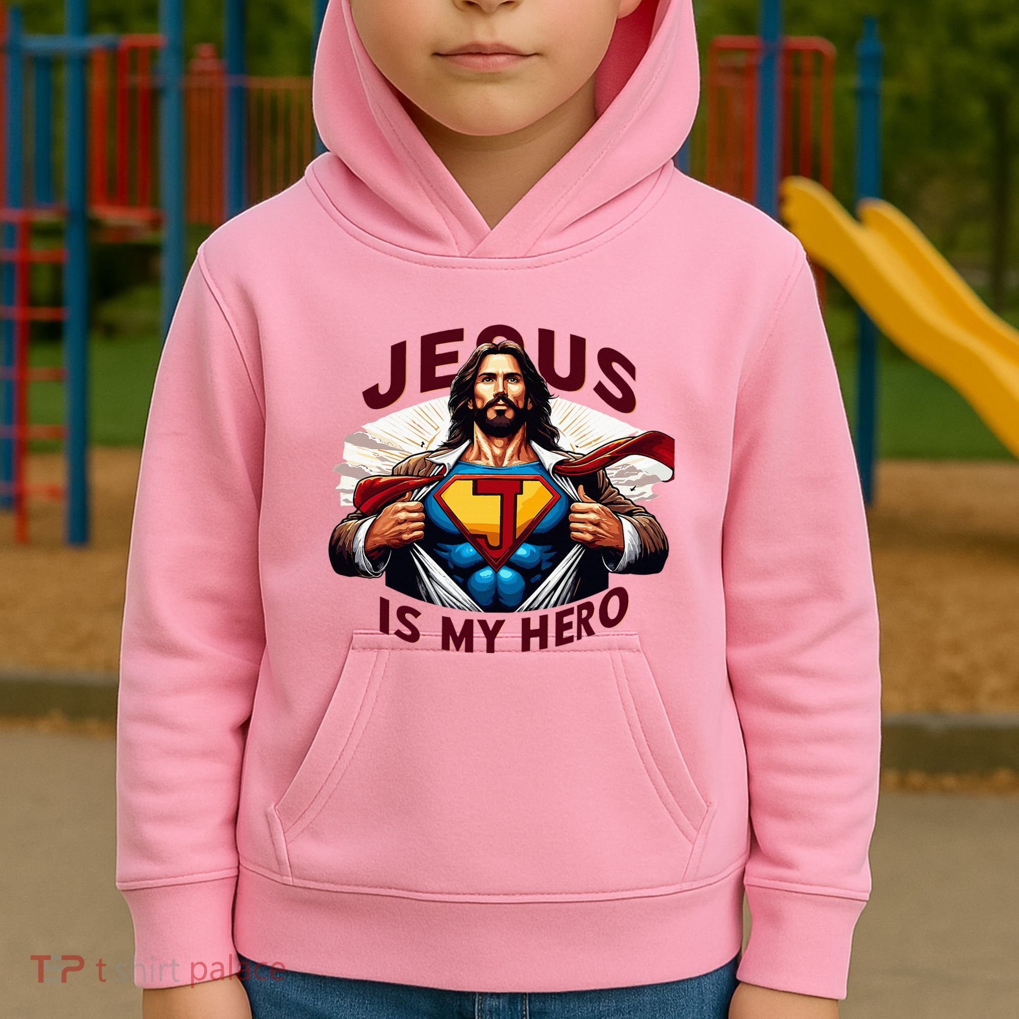 Jesus Is My Superhero Religious Christian Catholic Rizzen Kids Hoodie