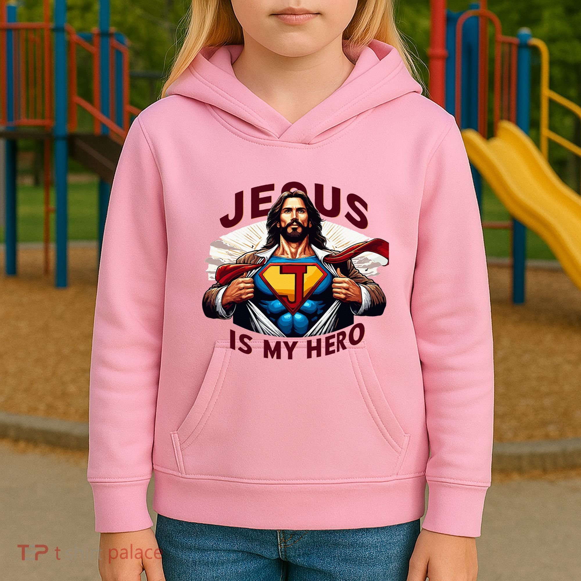 Jesus Is My Superhero Religious Christian Catholic Rizzen Kids Hoodie