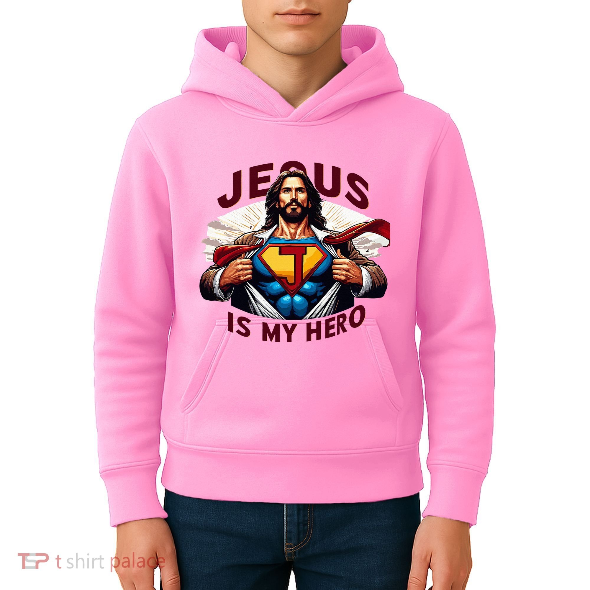 Jesus Is My Superhero Religious Christian Catholic Rizzen Kids Hoodie