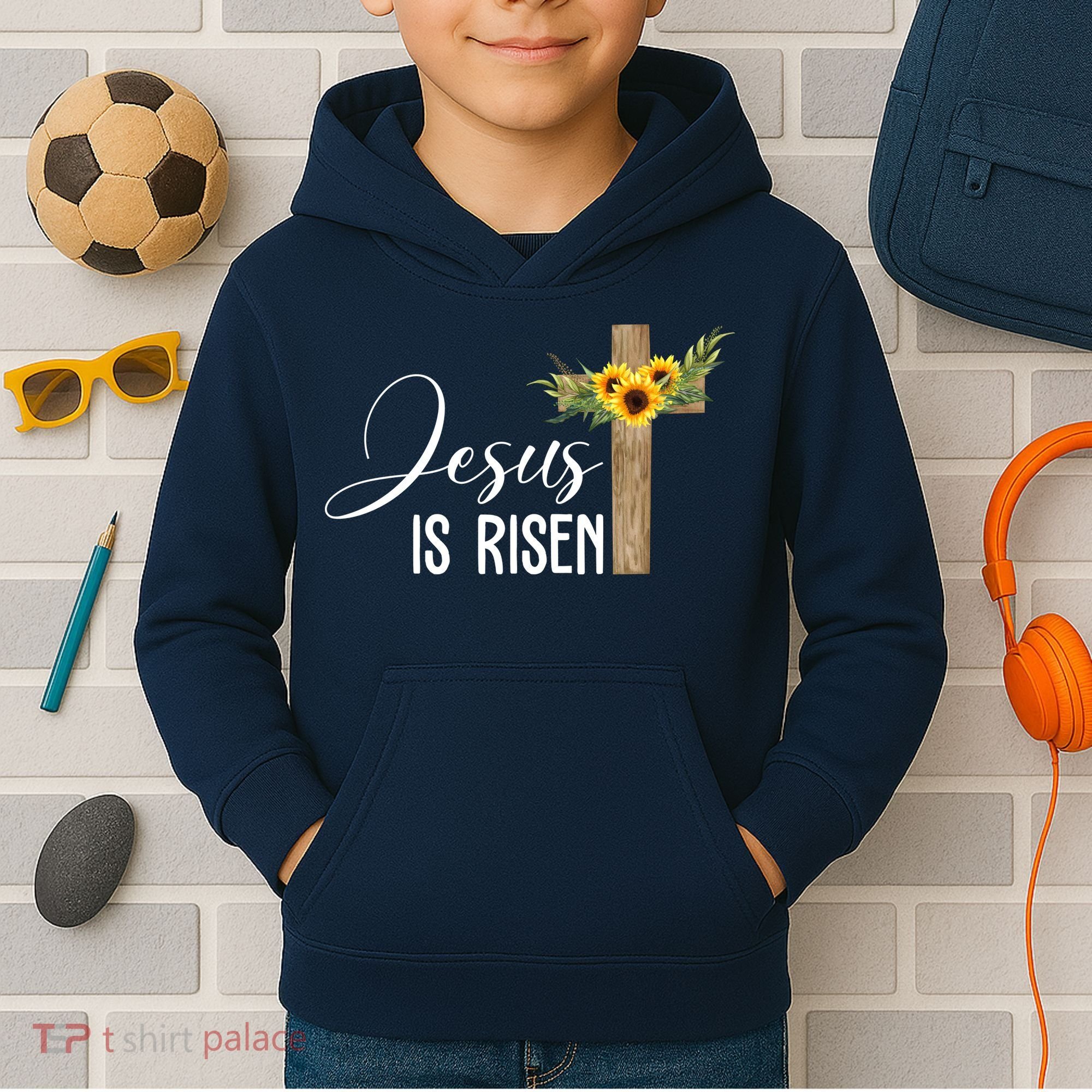 Jesus Is Risen Sunflower Cross Easter Kids Hoodie