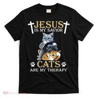 Jesus Is Savior Cats Are My Therapy Christian Cat T-Shirt thumb 0