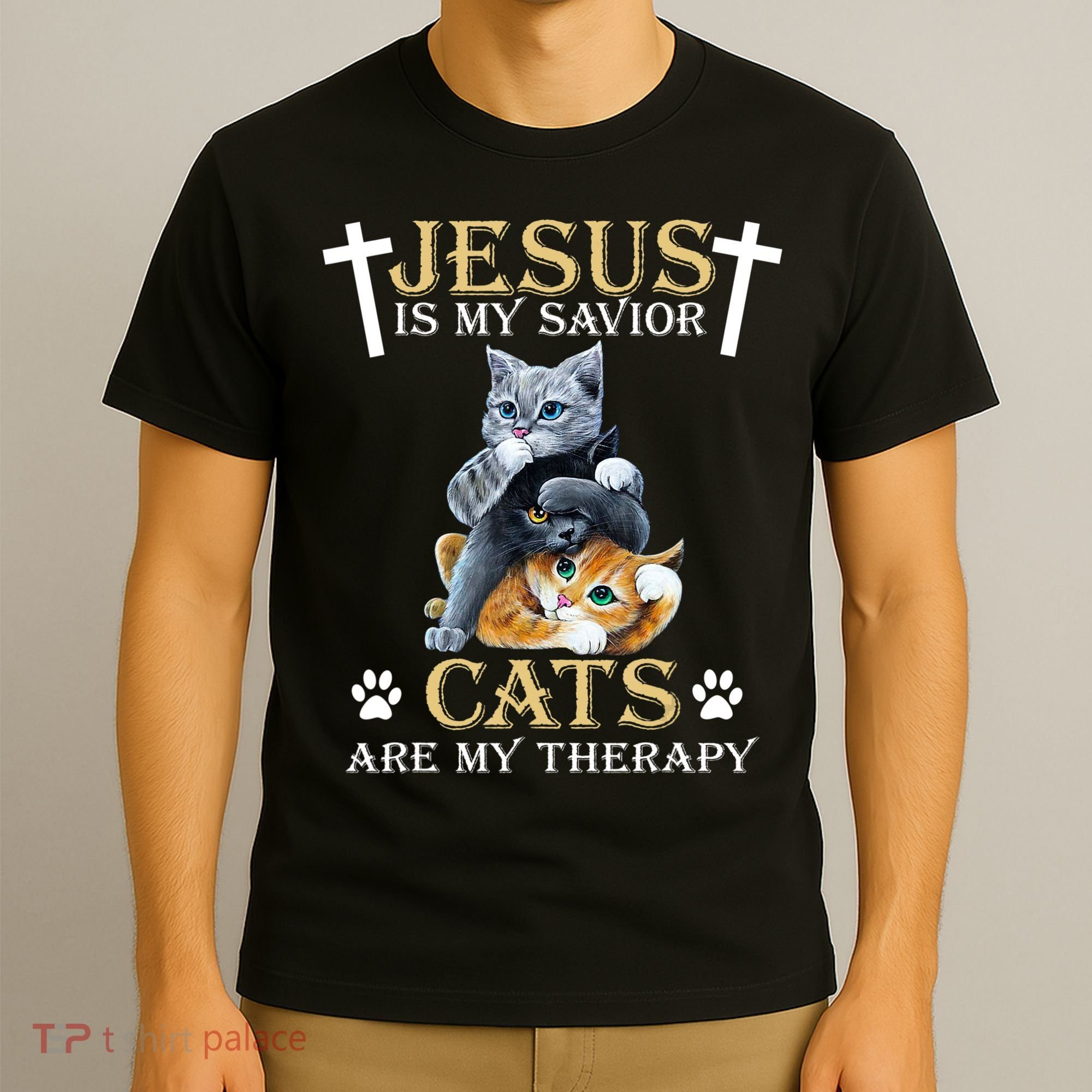 Jesus Is Savior Cats Are My Therapy Christian Cat T-Shirt