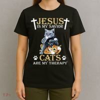 Jesus Is Savior Cats Are My Therapy Christian Cat T-Shirt thumb 4