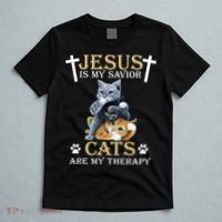 Jesus Is Savior Cats Are My Therapy Christian Cat T-Shirt thumb 5