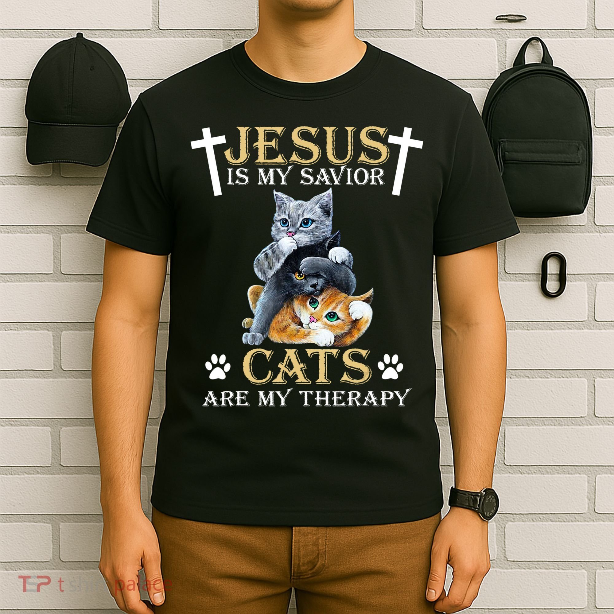 Jesus Is Savior Cats Are My Therapy Christian Cat T-Shirt