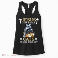 Jesus Is Savior Cats Are My Therapy Christian Cat Women's Tank Top thumb 0