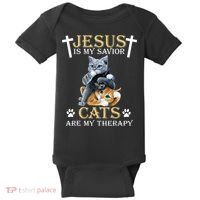 Jesus Is Savior Cats Are My Therapy Christian Cat Baby Bodysuit thumb 0