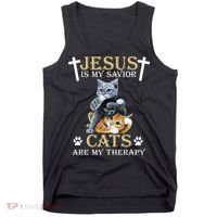 Jesus Is Savior Cats Are My Therapy Christian Cat Tank Top thumb 0
