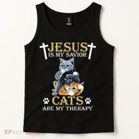 Jesus Is Savior Cats Are My Therapy Christian Cat Tank Top thumb 2