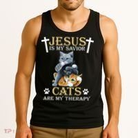 Jesus Is Savior Cats Are My Therapy Christian Cat Tank Top thumb 3