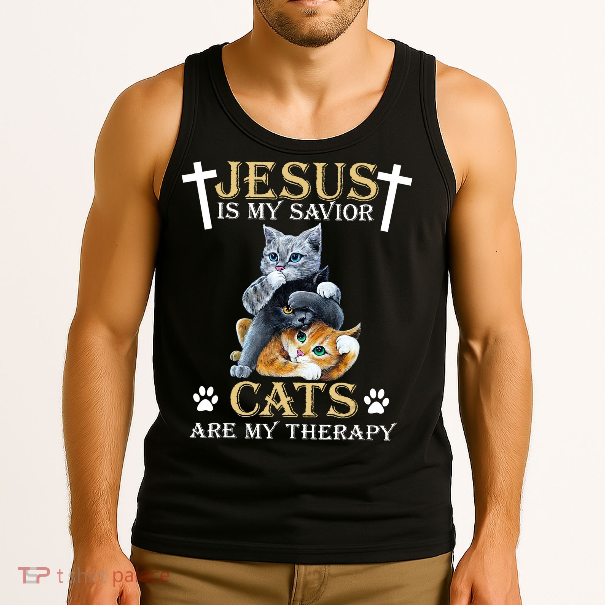 Jesus Is Savior Cats Are My Therapy Christian Cat Tank Top