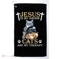 Jesus Is Savior Cats Are My Therapy Christian Cat Golf Towel thumb 0