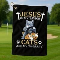 Jesus Is Savior Cats Are My Therapy Christian Cat Golf Towel thumb 1