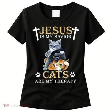 Jesus Is Savior Cats Are My Therapy Christian Cat Women's T-Shirt