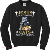 Jesus Is Savior Cats Are My Therapy Christian Cat Kids Sweatshirt thumb 0