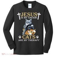 Jesus Is Savior Cats Are My Therapy Christian Cat Kids Long Sleeve Shirt thumb 0
