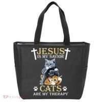 Jesus Is Savior Cats Are My Therapy Christian Cat Tote Bag thumb 0