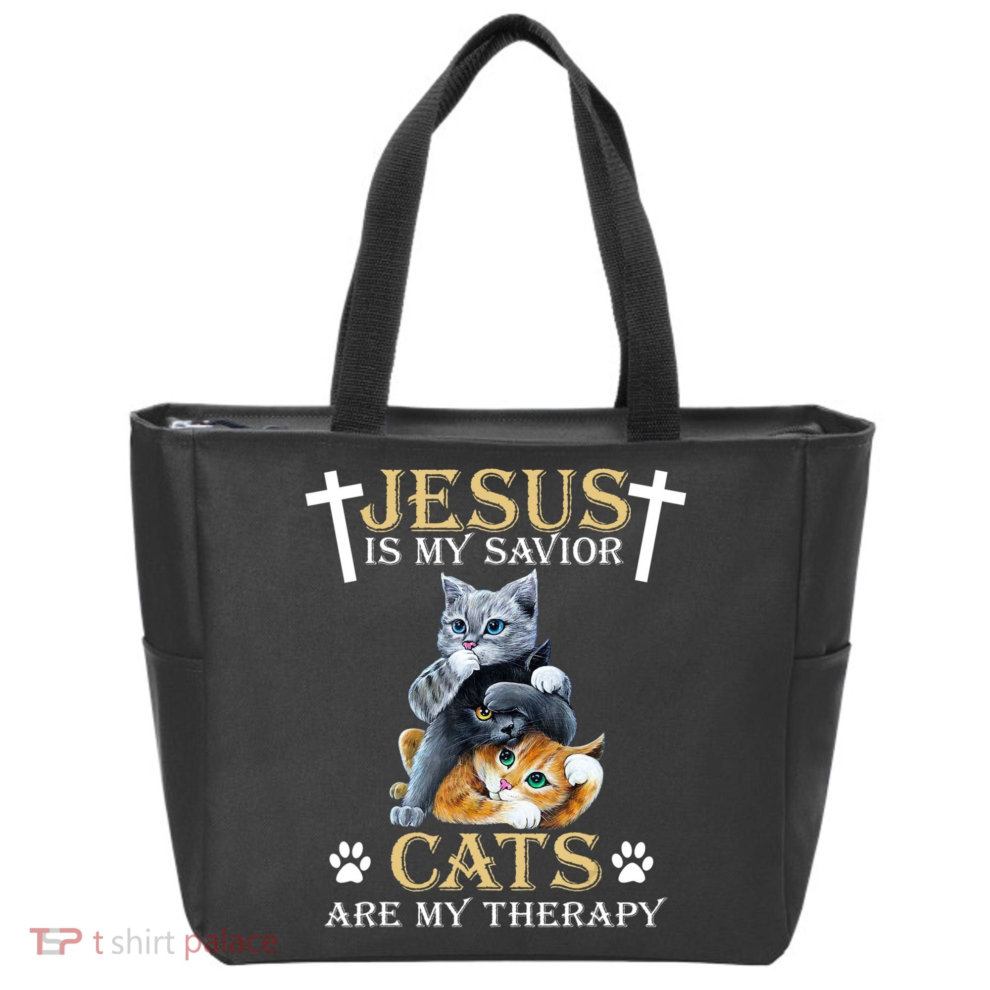 Jesus Is Savior Cats Are My Therapy Christian Cat Tote Bag