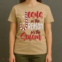 Jesus Is The Reason For The Season Candy Cane Christmas T-Shirt thumb 4