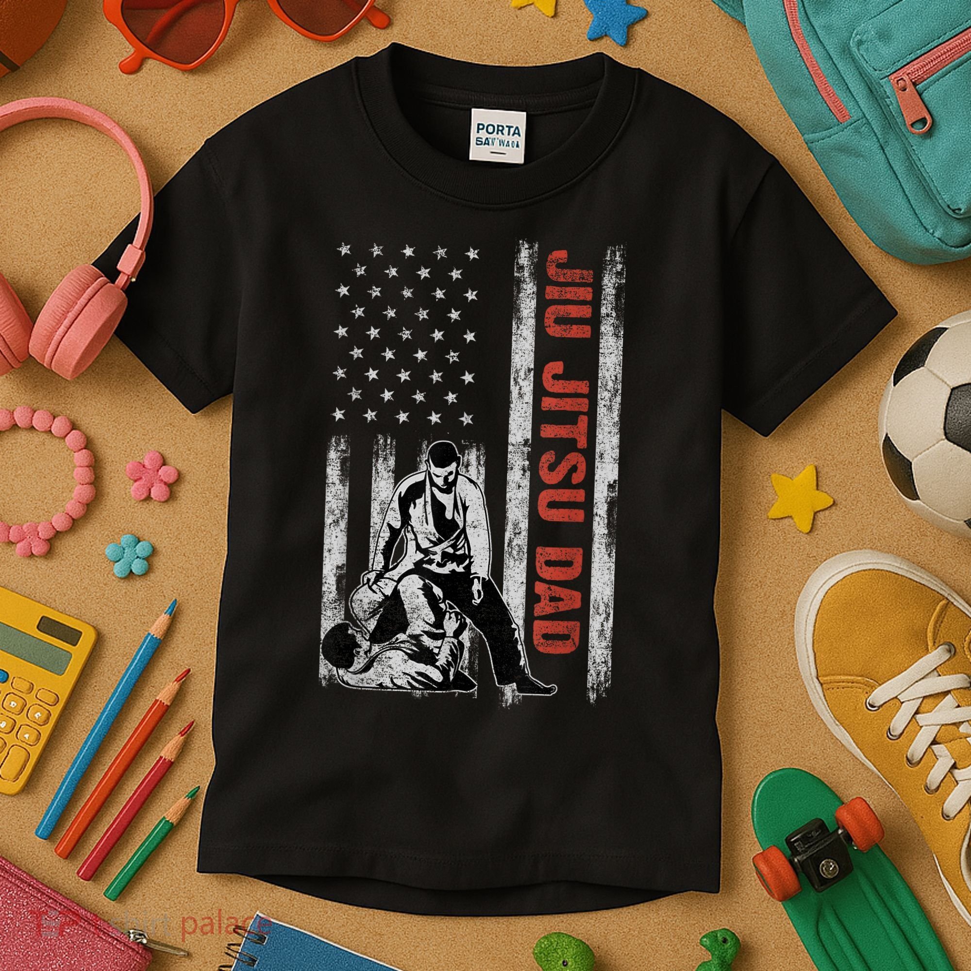 Jiu Jitsu Dad American Flag Fathers Day 4th Of July Gift Kids T-Shirt