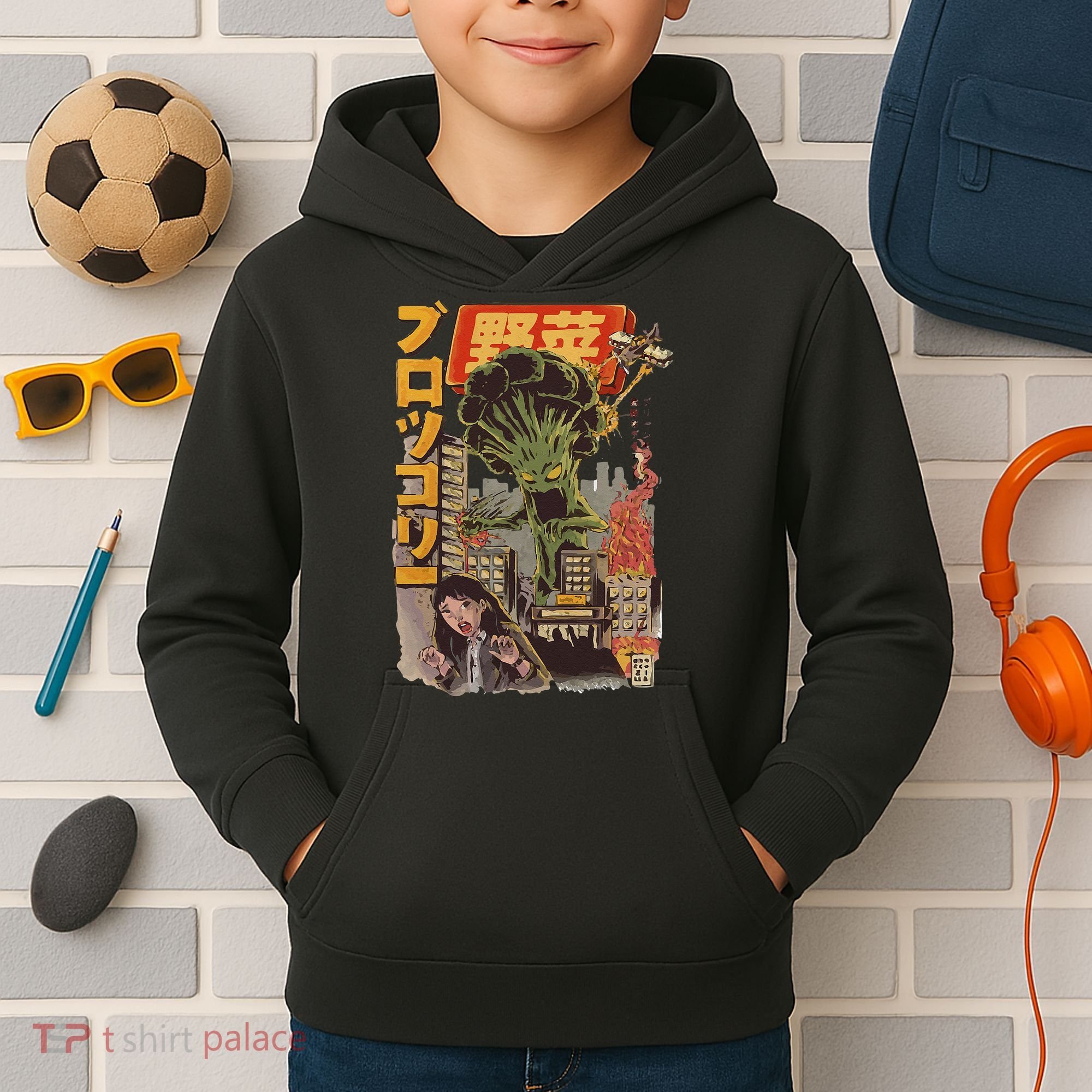 Japanese Japan Kaiju Vegetable Broccoli Anime Kids Hoodie